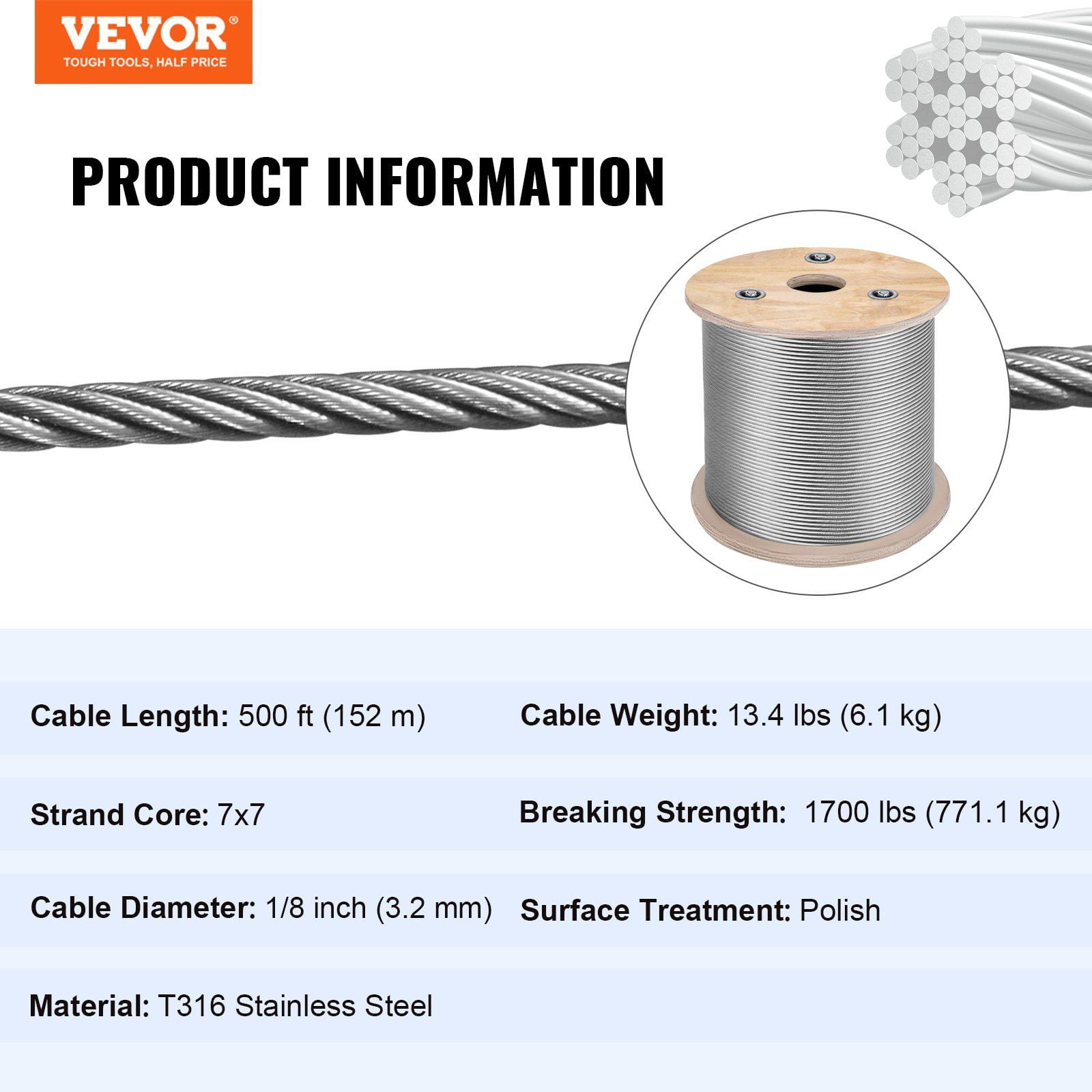 1/8" Stainless Steel Cable Railing Kit 500ft, 316 Marine Grade Wire Rope, 7x7 Aircraft Cable for Deck, Stair, Porch, Fence – Durable & Corrosion Resistant