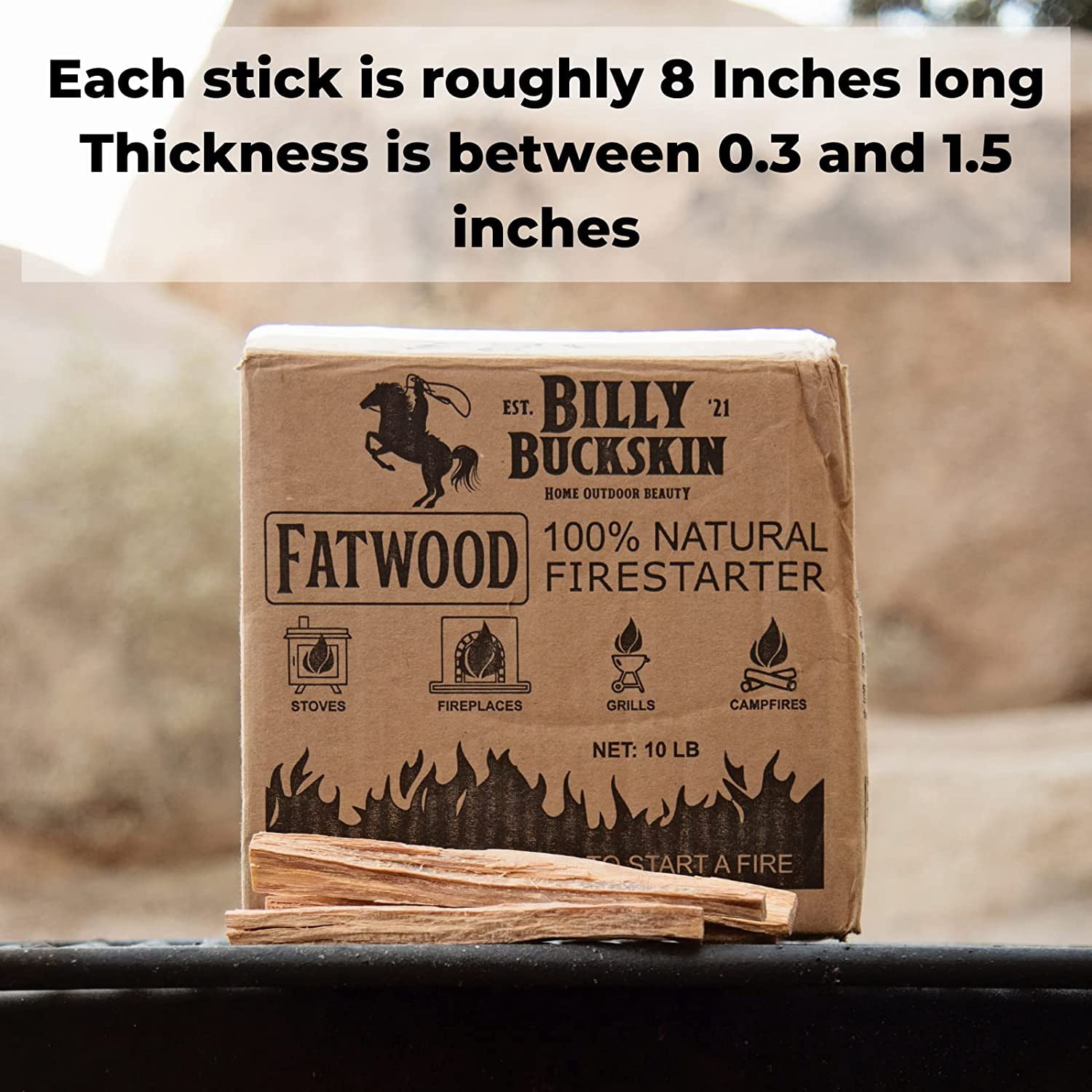Billy Buckskin Fatwood Fire Starter Sticks, Easy & Safe Fire Starter, Start a Fire with Just 2 Sticks, Works in any Weather Conditions, 10 Pound Box