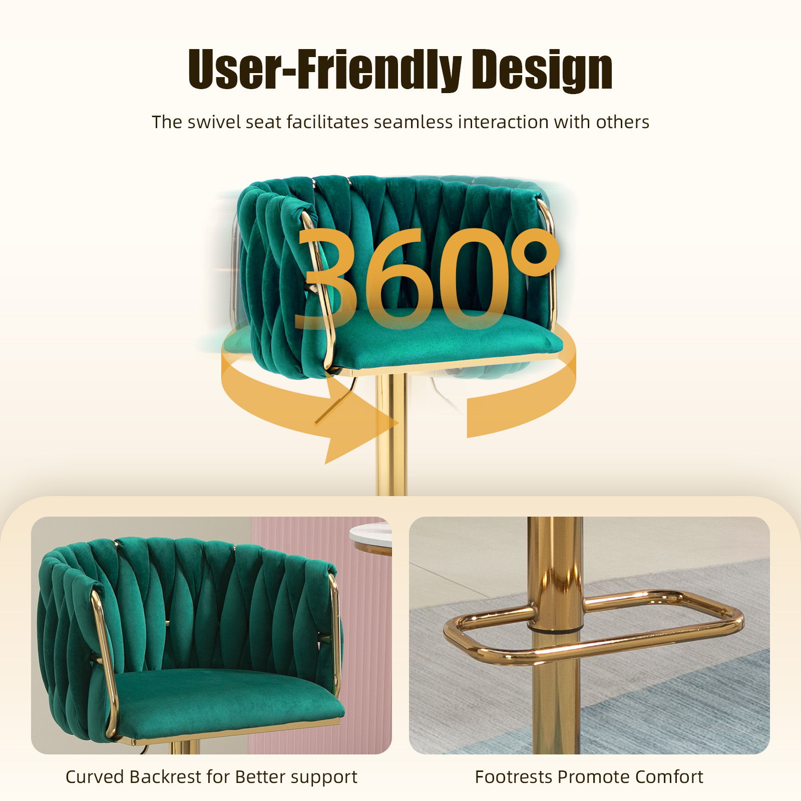 Villeston 360°Swivel Bar Stools Velvet Upholstered Adjustable Bar Chairs Set of 2 with Back & Footrest for Home and Kitchen,Emerald
