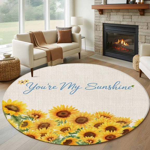 Round Area Rug 8 Ft, Yellow Sunflowers Washable Non-Slip Circle Carpet for Living Room/Bedroom, Summer Floral Elegant Pastoral Botanical Collection Low-Profile Large Area Rugs for Indoor