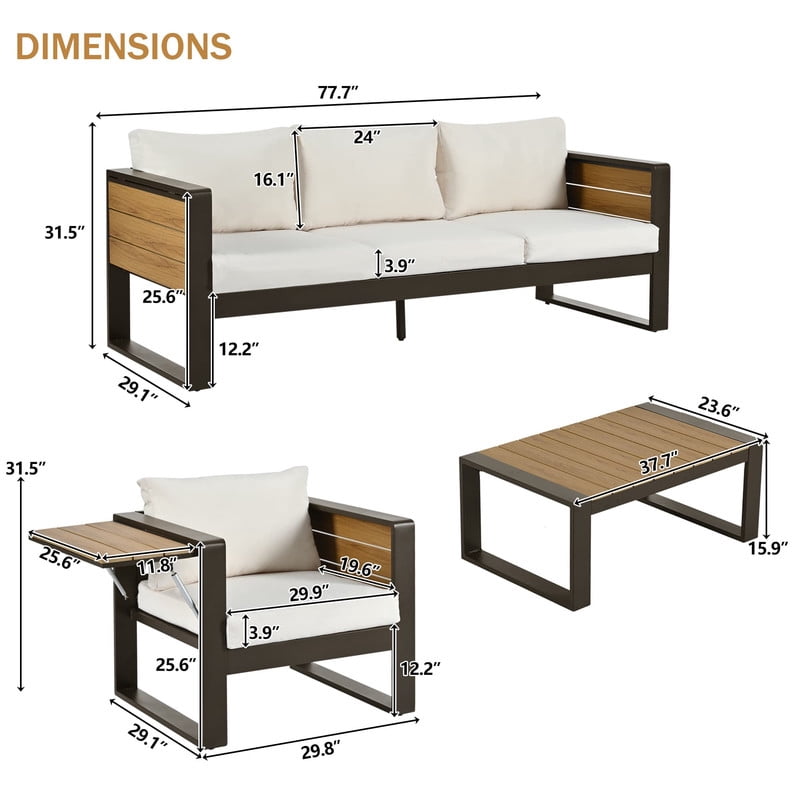 4-Piece Aluminum Outdoor Patio Furniture Set, 5-Person Outdoor Sectional Sofa Set, 3-Seater Sofa, 2 Armchairs with Fold-Out Side Tables