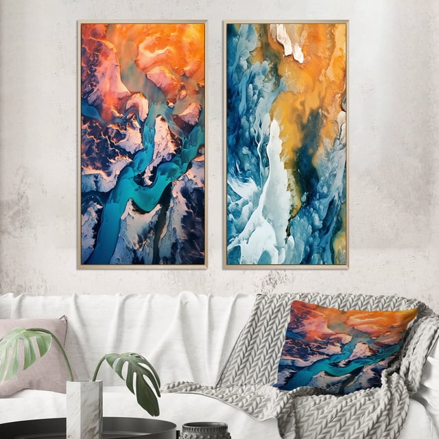Designart "Majestic Aerial View Arctic Rivers and Icebergs V" Glacier Framed Wall Art Set Of 2 - Country Blue Frame Gallery Set For Office Decor