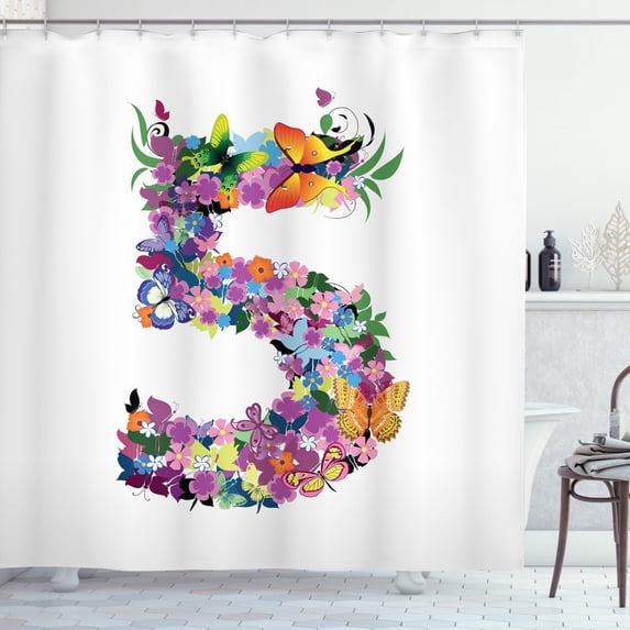 Number Shower Curtain, Floral Spring Five Years Anniversary Marriage Wedding Wreath Style Blossom Butterfly, Fabric Bathroom Set with Hooks, 69W X 84L Inches Extra Long, Multicolor, by Ambesonne
