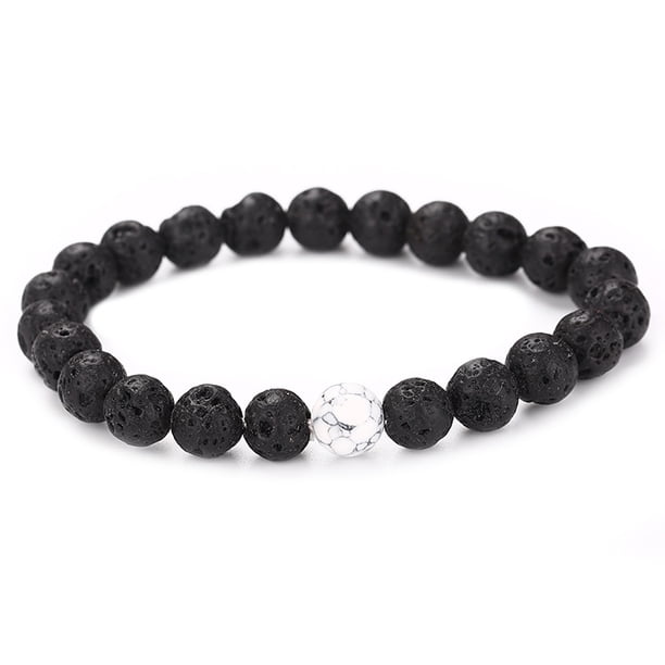 Xiao Hua Pulsera de cuentas hecha a mano, ideal para hombres y mujeres, con cuentas de piedra volcánica natural (negro y blanco)