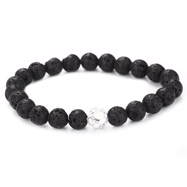 Xiao Hua Pulsera de cuentas hecha a mano, ideal para hombres y mujeres, con cuentas de piedra volcánica natural (negro y blanco)
