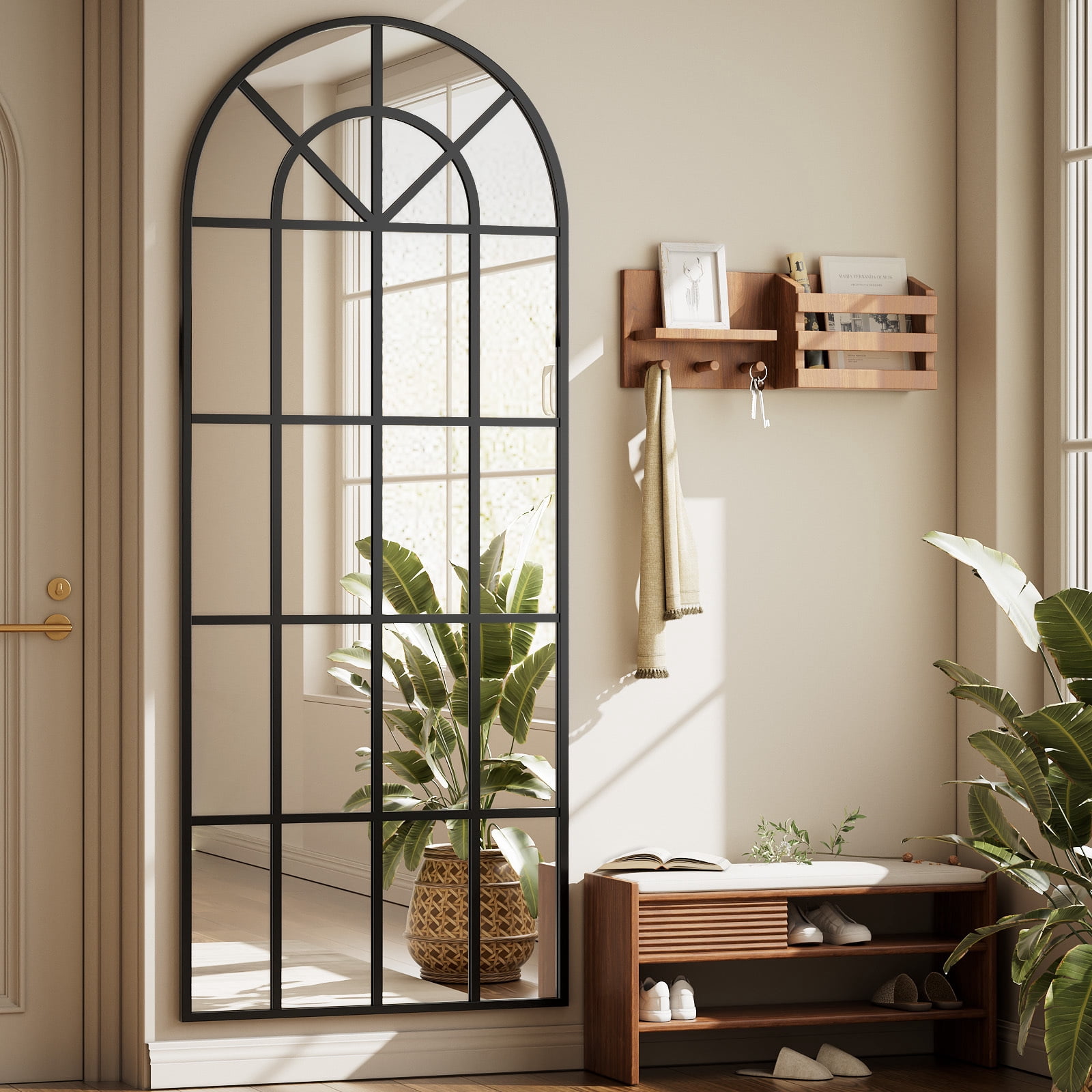 Easy4Home 24"x68" Arched Full Length Windowpane Mirror Decorative Floor Mirror Wall-Mounted, Black