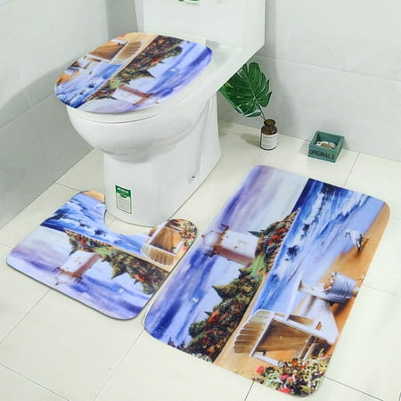 Sea Lighthouse Shower Curtain With Without 3pcs Toilet Cover Mat