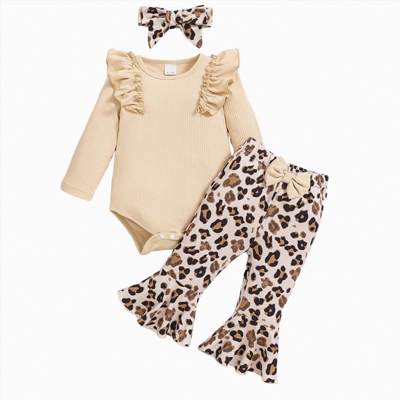 Xudanell Baby Girl Clothes Newborn Infant Outfits Ruffle Romper  Floral Pants   Cute Headband Sets for Girls(Beige, 1-3 Months)