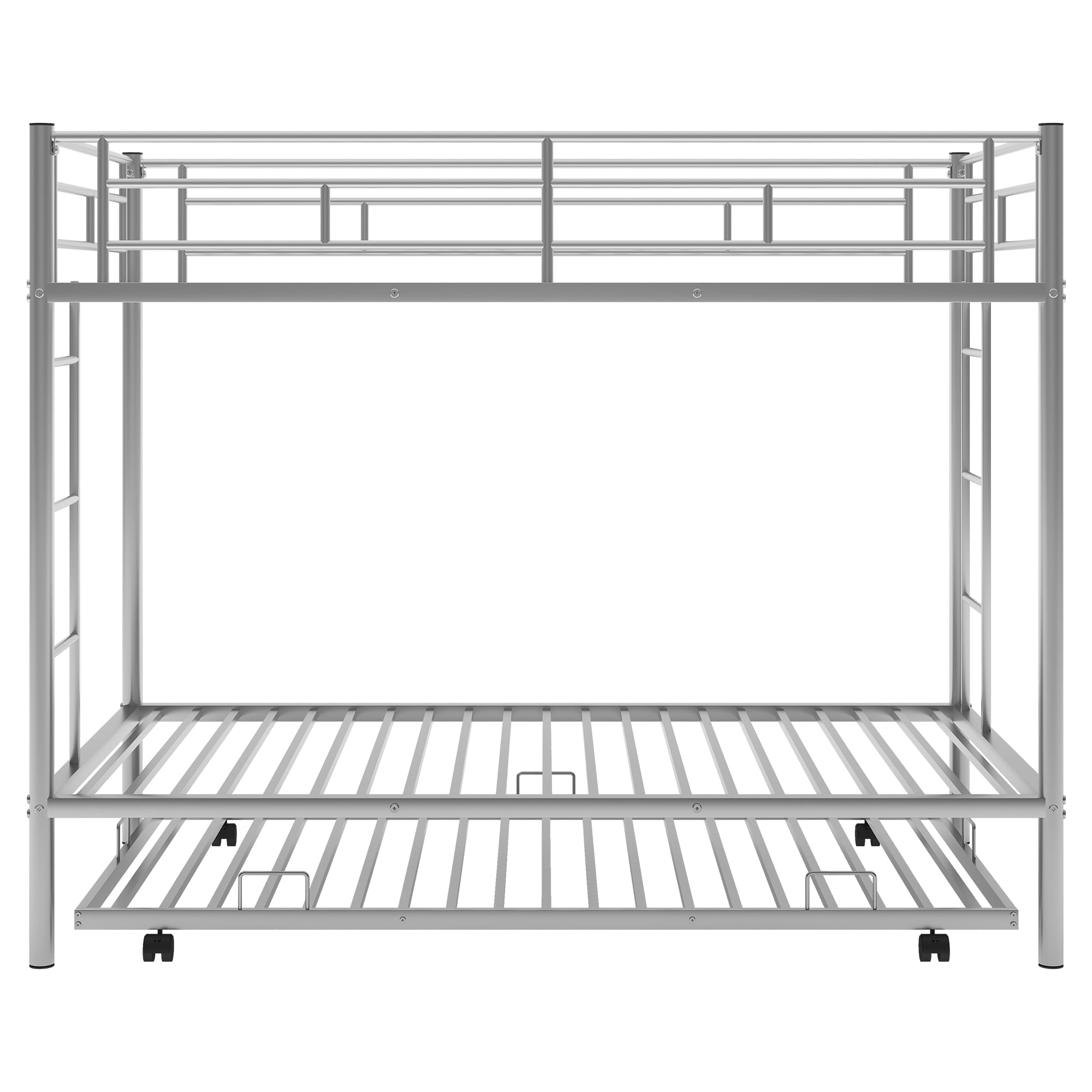 Euroco Modern Metal Twin over Twin Bunk Bed with Trundle for Kids Teens, 3 Twin Size Beds, Solid Ladder and Safety Guardrails, Silver