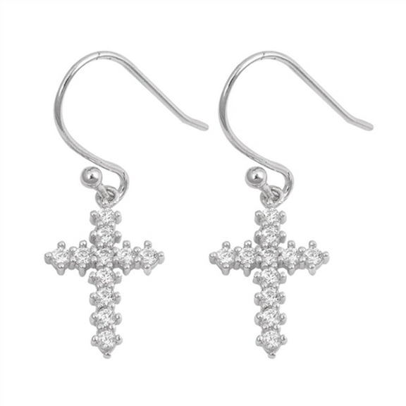 Prong Set Clear CZ Cross Dangle Fishhook Earring Sterling Silver
