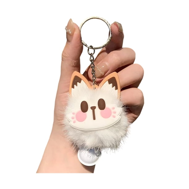Llavero con cascabel, cara de zorro peluda, huellas de patas rosas, suave peluche, para bolsos, mochilas, accesorios decorativos.