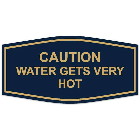 Signs ByLITA Fancy Caution Water Gets Very Hot Sign - Laser-Engraved Lettering | Durable ABS Plastic | Vibrant Colors | Powerful Foam Tape (Navy Blue/Gold) - Medium