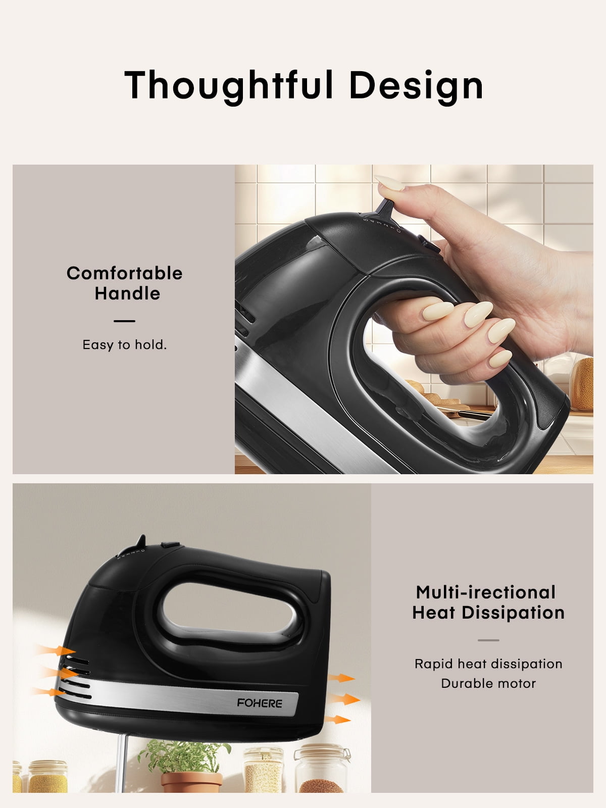 Hand Mixer with Storage Box, 5 Speeds and Turbo, FOHERE Electric Egg Beater with 6 Accessories