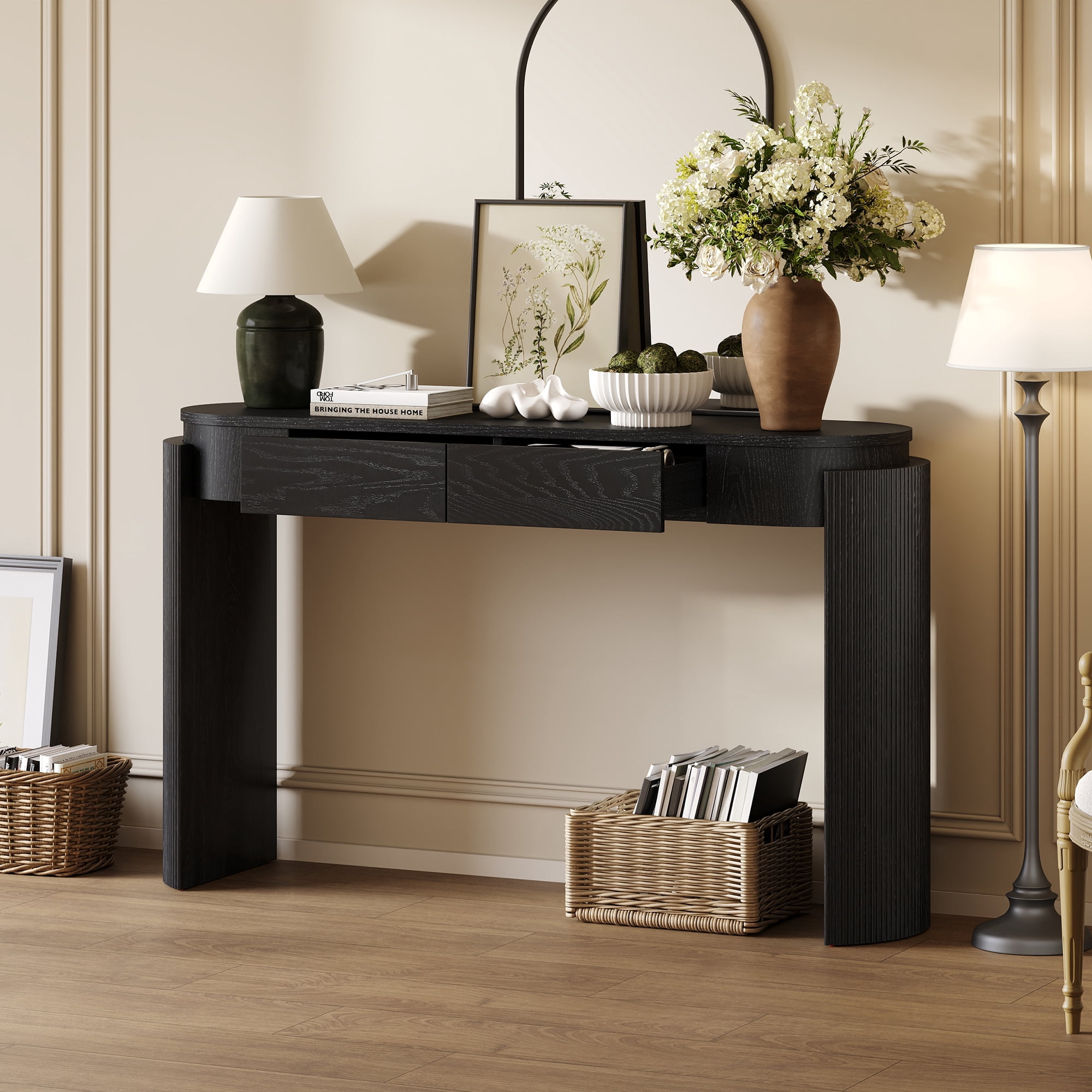 Harper & Bright Designs Fluted Console Table with Storage, Wood Entryway Table with Drawers and Oval Top Shelf, Black