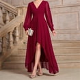thumbnail image 6 of Womens Wrap Neck Puff Long Sleeve Swing Cocktails Maxi Dress High Waist Asymmetrical Ruffle Hem Evening Dresses, 6 of 19