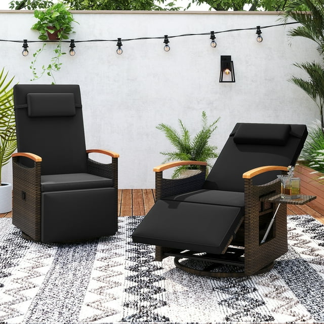 Gymax Set Of 2 Outdoor 360° Swivel Rattan Recliner Chair Patio Wicker Chaise Lounge Chair