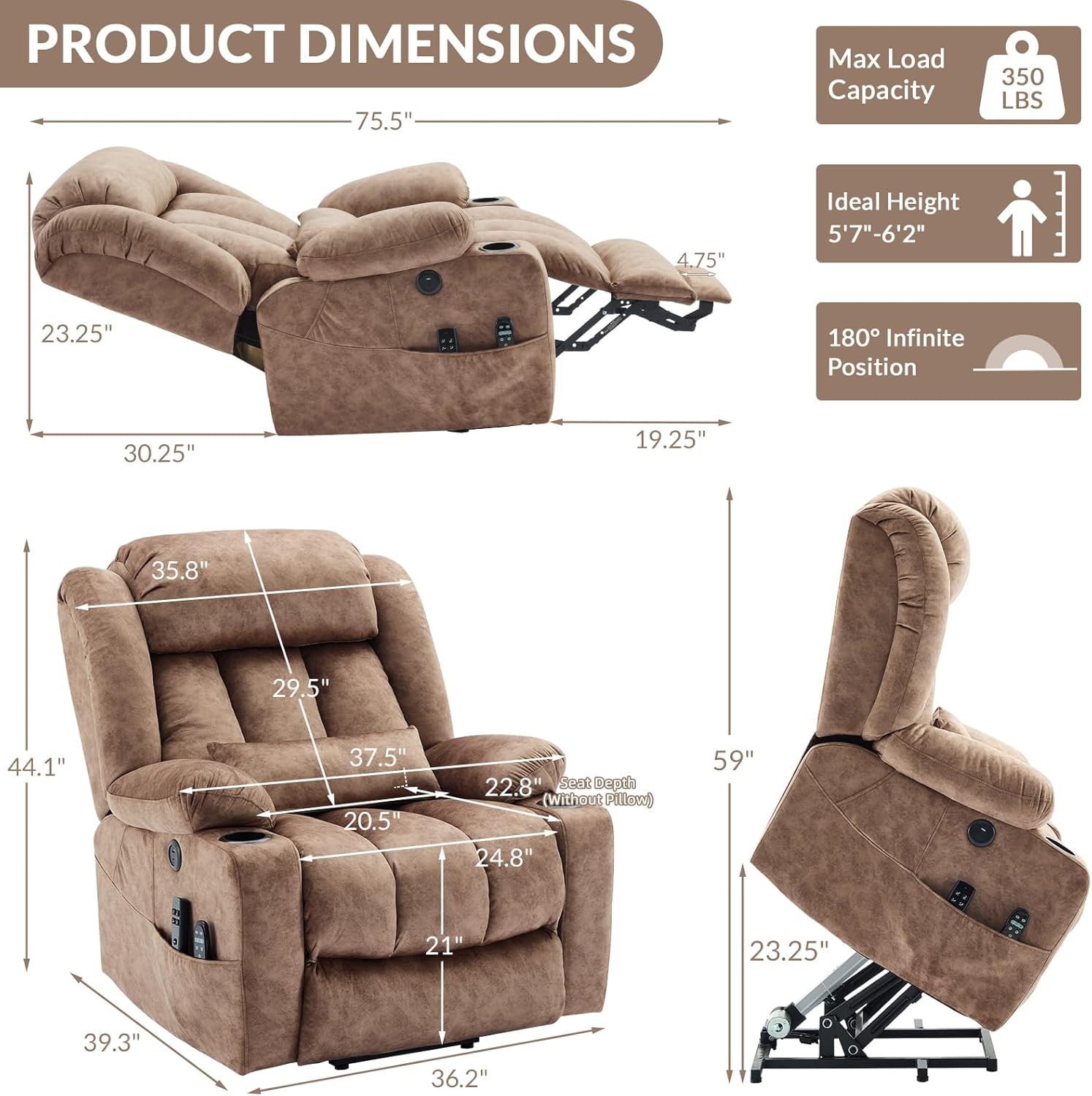 EPICOZY Oversized Dual Motor Power Lift Recliner Chair with Extended Footrest for Big Tall Man, Lay Flat Sleeper Electric Recliner with Massage and Heat, Lumbar Pillow, USB & Type-C Port, Plush Brown