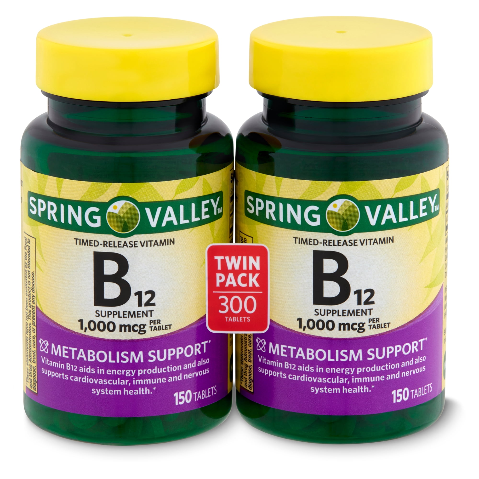 Spring Valley Vitamin B12 Timed-Release Tablets, 1000 mcg, 150 Ct, 2 Pack