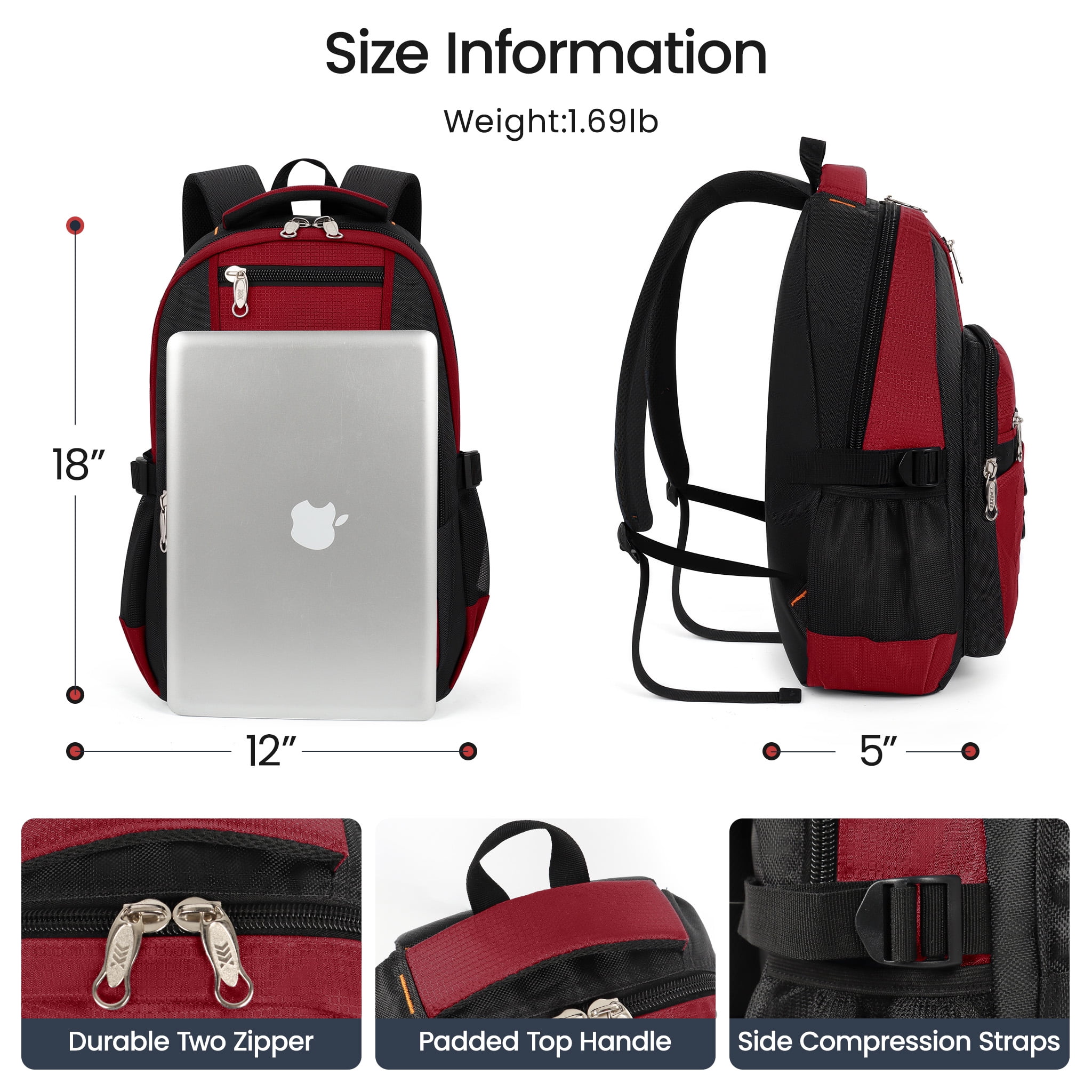 Travel Backpack for Men Women Water-resistant Multi-Pocket Bag Lighweight Casual Work Hiking Daypack School Bookbag, Red, BP8017
