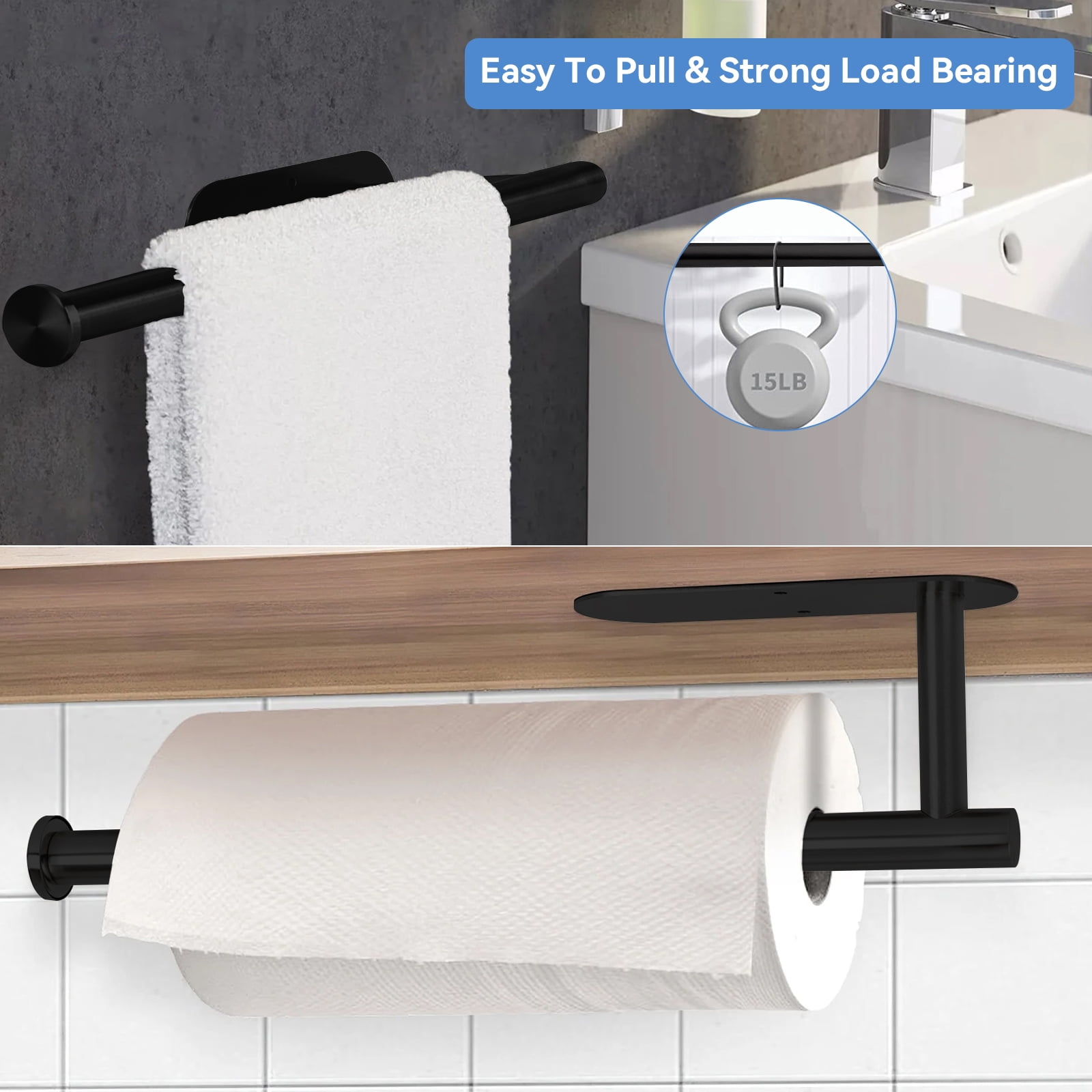 Brotasdro 2 Pack Stainless Steel Paper Towel Holder, Wall Mounted & Under Cabinet Paper Towel Rack, Rustproof Self-Adhesive or Screw Mount Kitchen Organizer, Black