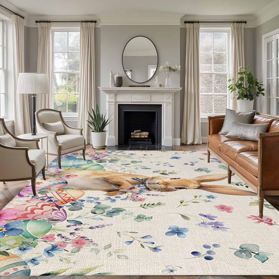 Large Area Rugs for Living Room Bedroom, Bunny Easter 8'x10' Rug Washable Carpet Runner Indoor Outdoor, Spring Floral Eggs Rabbits Rustic Non Slip Floor Mats Rug for Kitchen, Patio