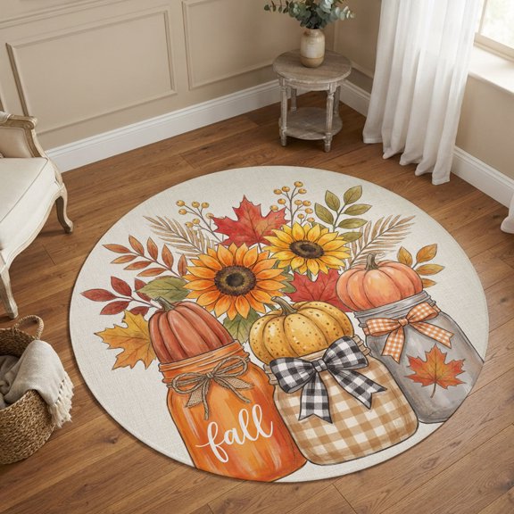 Round Area Rugs 4Ft, Bottle Pumpkins Fall Non-Slip Washable Circle Rugs Carpet, Thanksgiving Harvest Sunflowe Maple Indoor Outdoor Rug Floor Mats Throw Runner for Bedroom Living Room Bathroom