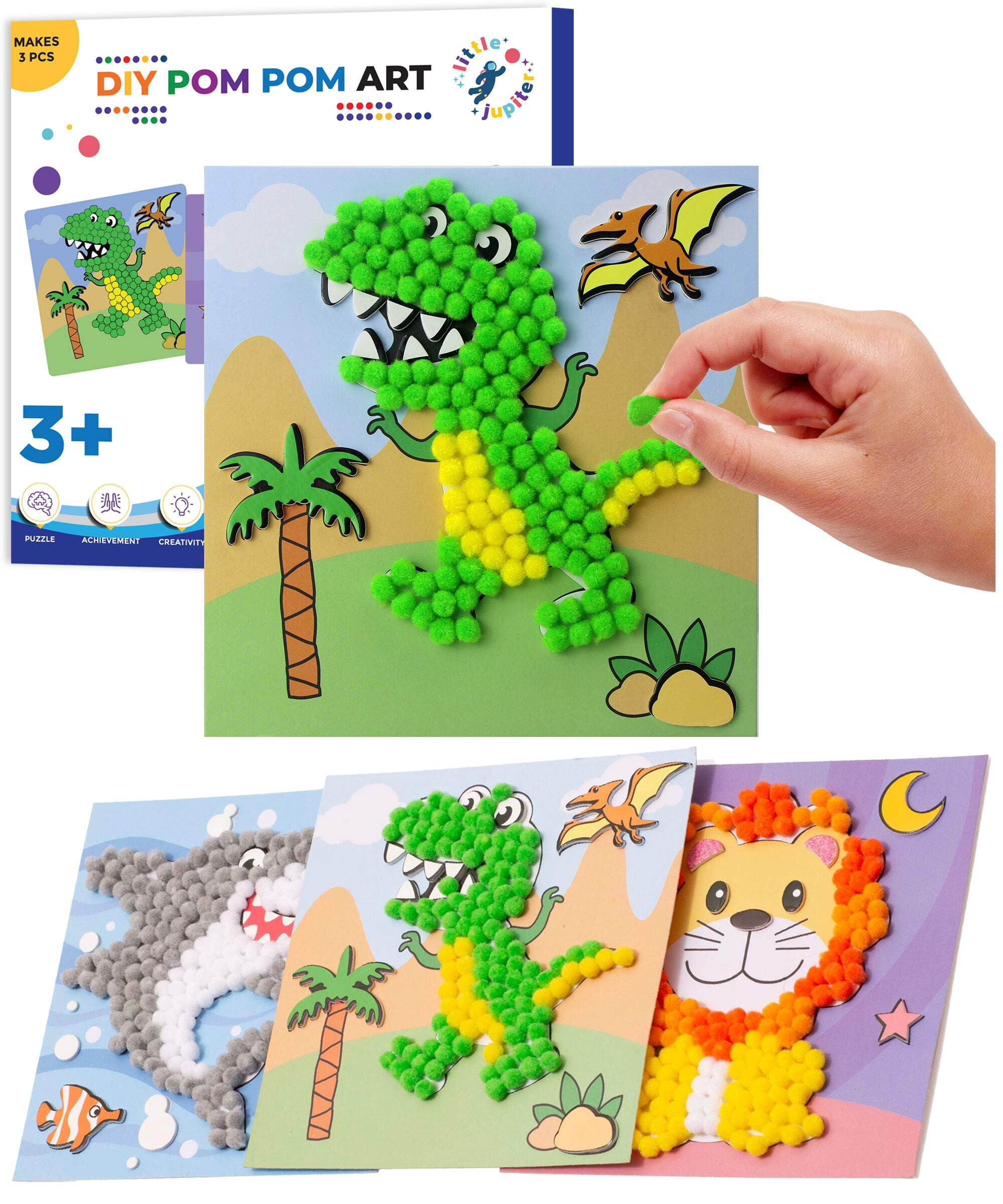 DIY Pom Pom Art - 3pcs (Dinosaur, Lion, Shark)