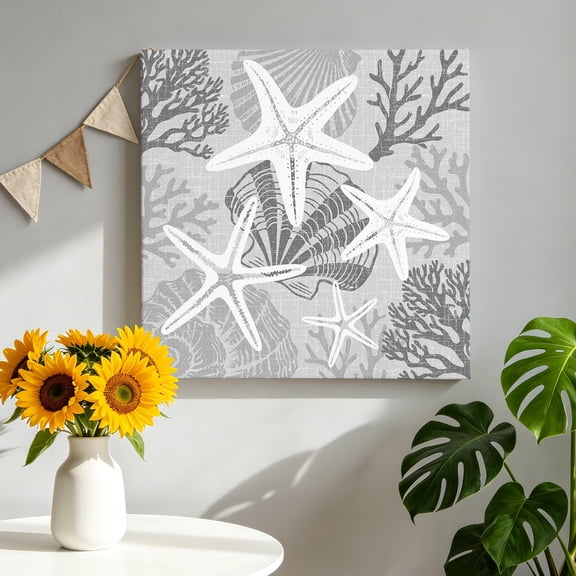 Gray Coastal Starfish Canvas Wall Art for Living Room, Sea Shell Coral Summer Beach Poster Print Painting for Bedroom Office Home Decoration Wall Pictures Prepare To Hang 8"x8"