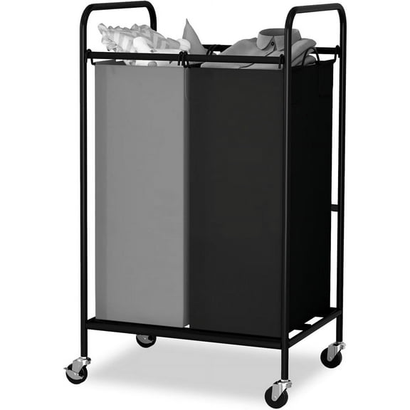 STRELECT Laundry Sorter 2 Section, 2 Bag Laundry Hamper, Rolling Laundry Cart, Laundry Basket with Heavy Duty Lockable Wheels and Removable Bag for Clothes Storage