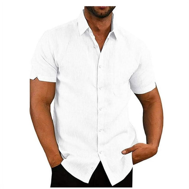 PENGXIANG Mens Lin Manches Courtes Été Solide Chemises Décontracté en Vrac Robe Soft Tops Tee Blue M