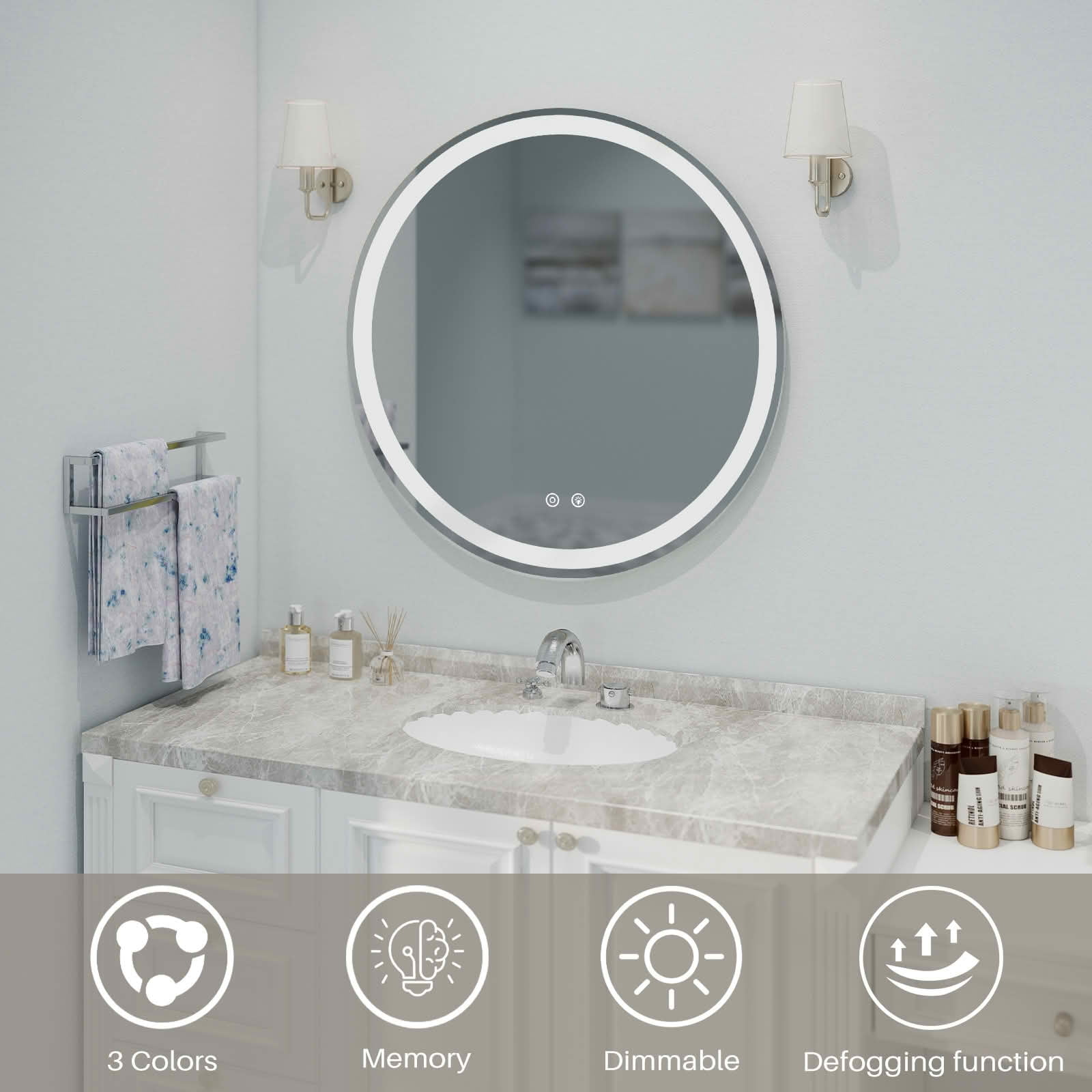 MAYEERTY 28 Inch Smart Anti-fog LED Bathroom Mirror, Circular Dual Lights 3-Color Temperature Memory Dimming