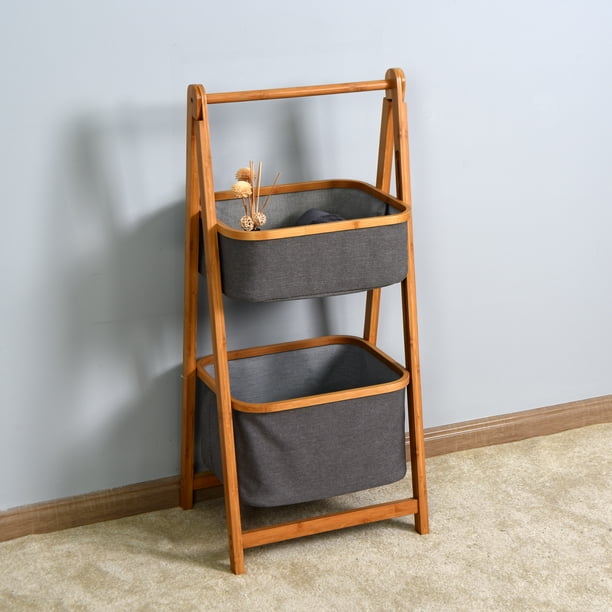 2 Tier Folding Bathroom Storage Tower Shelf, Collapsible Hamper Shelves