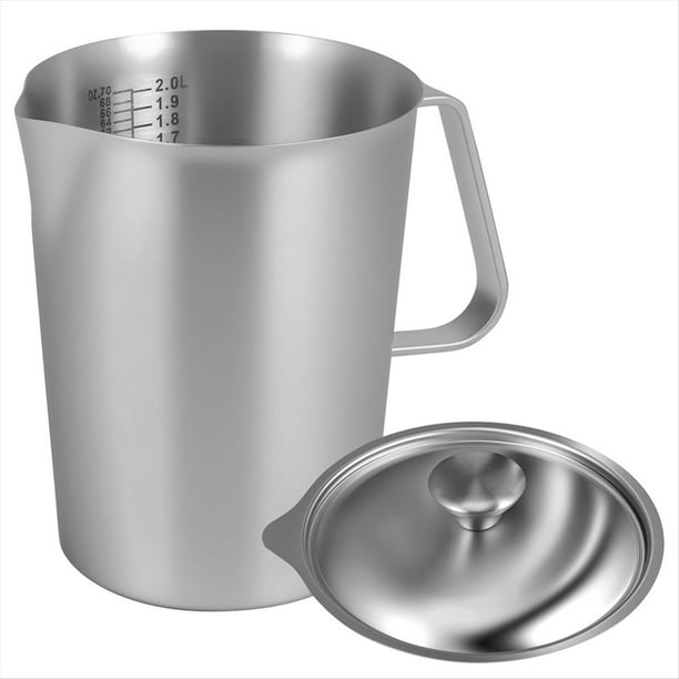 Medidora de Acero Inoxidable 304 de 2 L con Tapa y Marcador. Jarra de Leche para Restaurantes, Cocina y Café.
