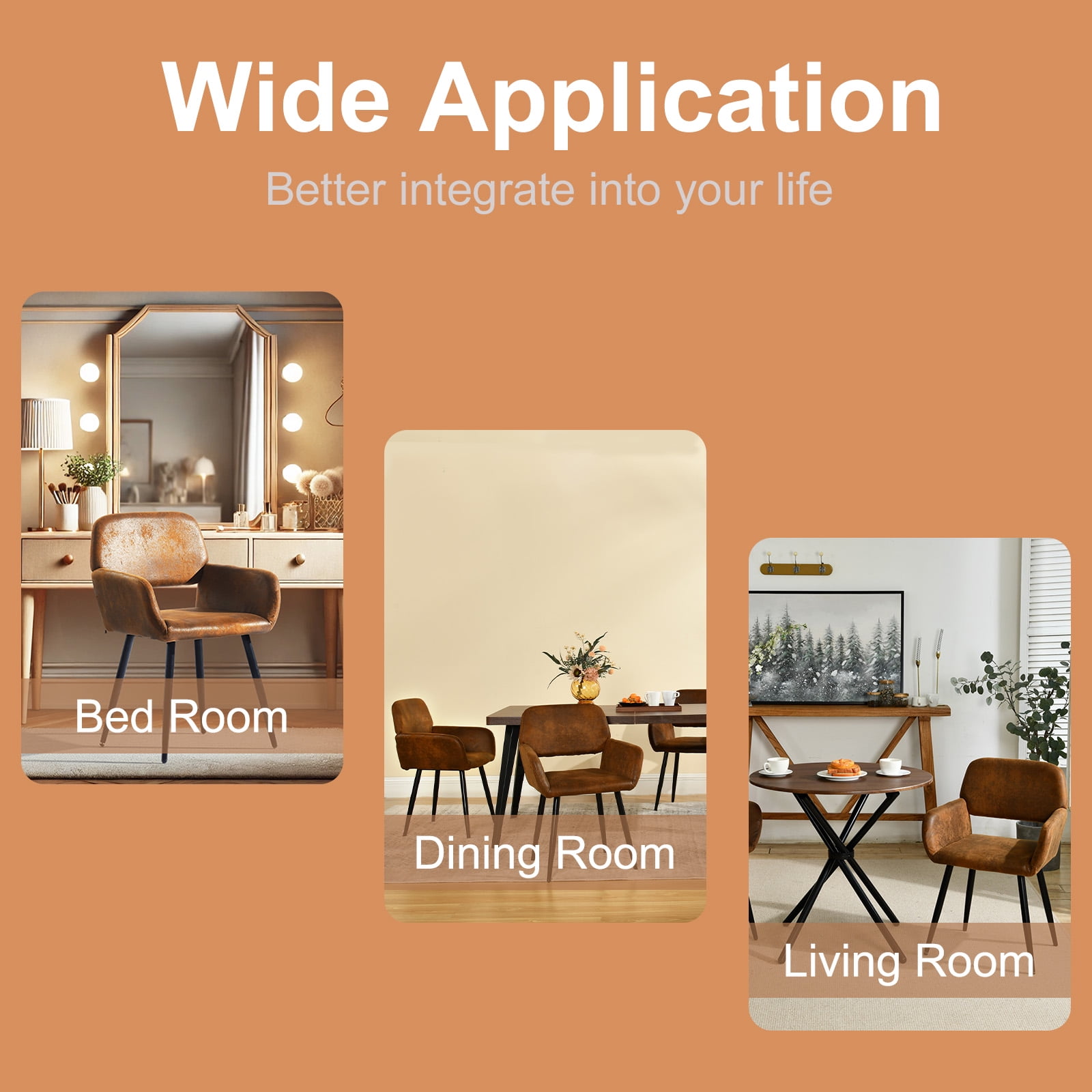 Homy Casa Round Dark Brown Dining Table with 2 Armchairs, Industrial 3-Piece Table Set with Brown Faux Suede Chairs for Small Dining Spaces