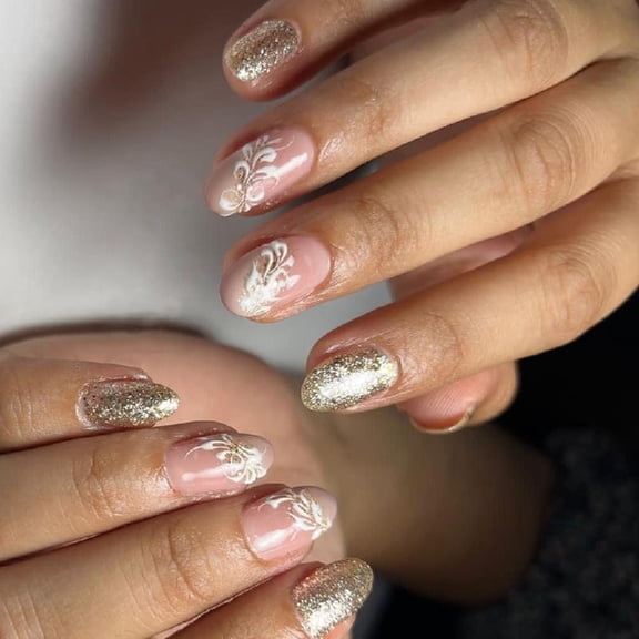 JZROCKER 24 Pcs Flowers Stick on Nails Fashion Artificial Nails Short Oval False Nails Glittering Press On Nails for Woman Girls