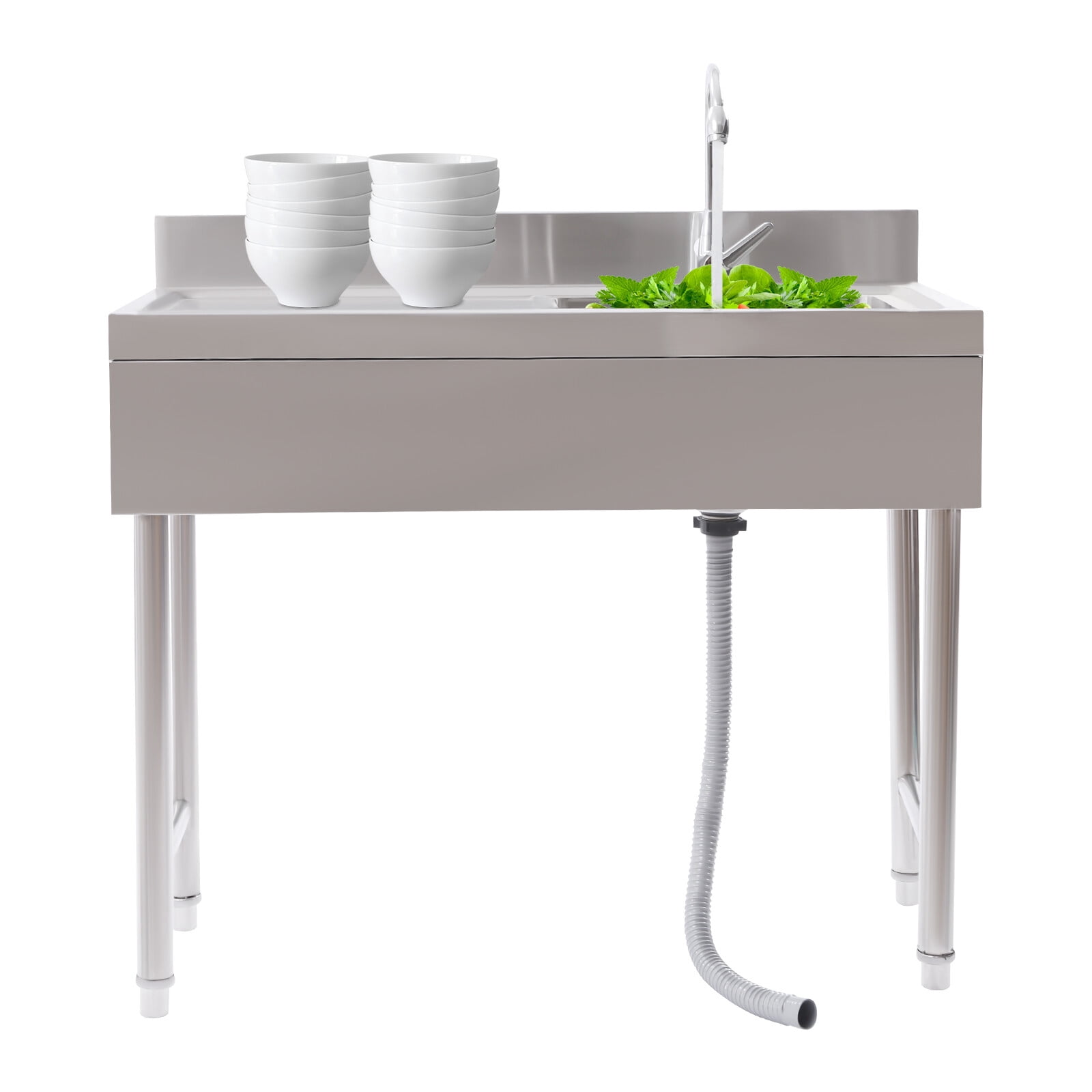 SENDERPICK Freestanding Silver Commercial Sink Stainless Steel Kitchen Utility Sink 1 Compartment & Prep Table