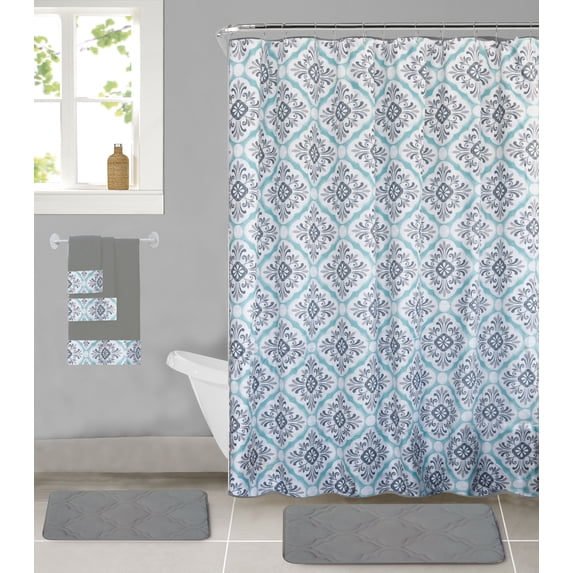 All American Collection 18-Piece Bathroom Set with 2 Memory Foam Bath Mats Matching Shower Curtain and 3 Bath Towels 