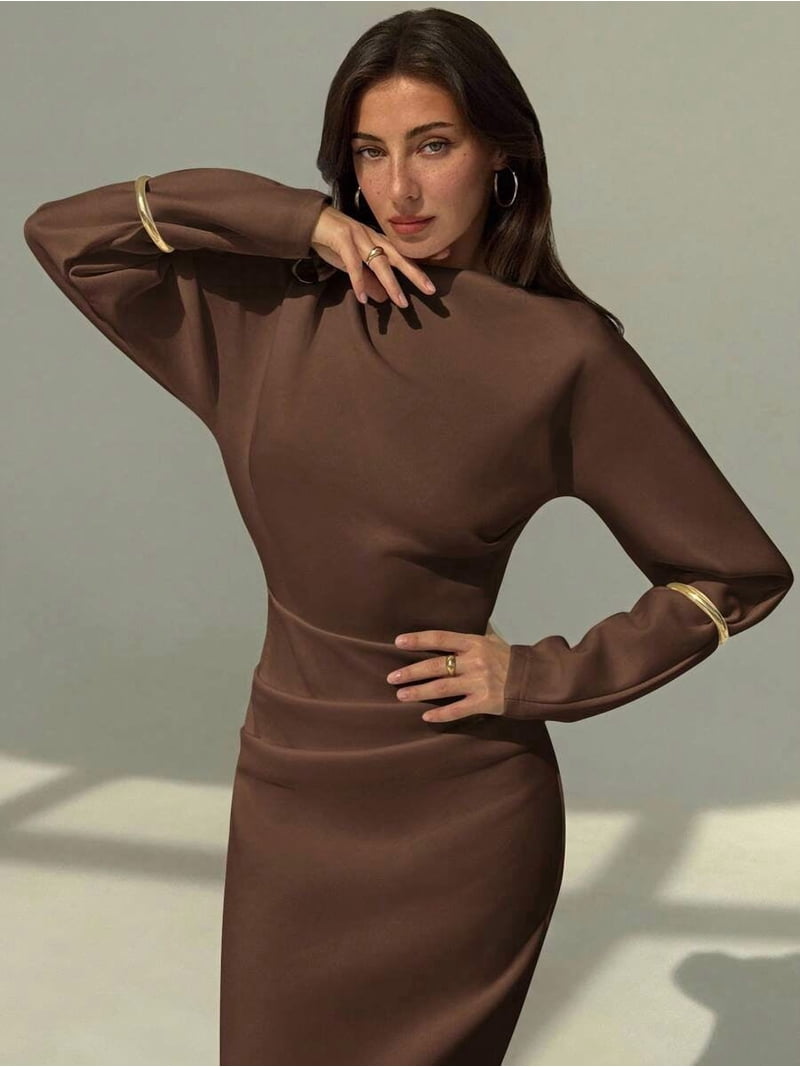 brown fitted midi dress High-Neck Long Sleeve For Women, Sheath Style Office Elegant material:Silk Twill This garment fits true karako howard beach Cassy Rhinestone Slit Formal