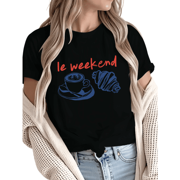 Giffimy Women's Le Weekend Coffee Croissant Graphic Short Sleeve T-Shirt Breathable Casual Crewneck Top