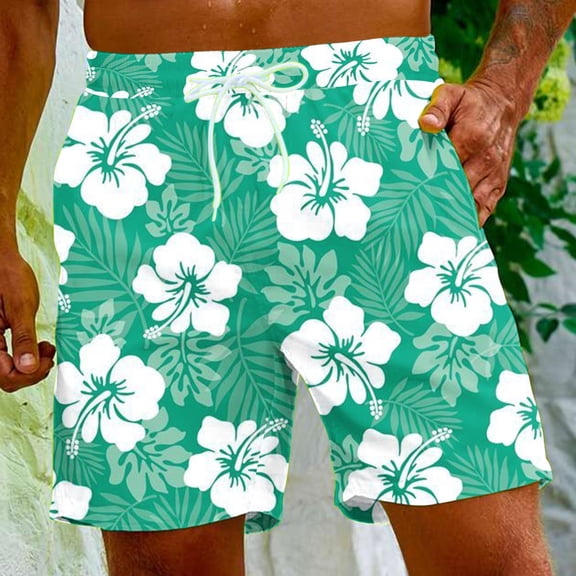 Ceisia Men Hawaii Print Shorts Drawstring Pockets Beach Swim Trunks Tropical Mint Green S Gifts for Father