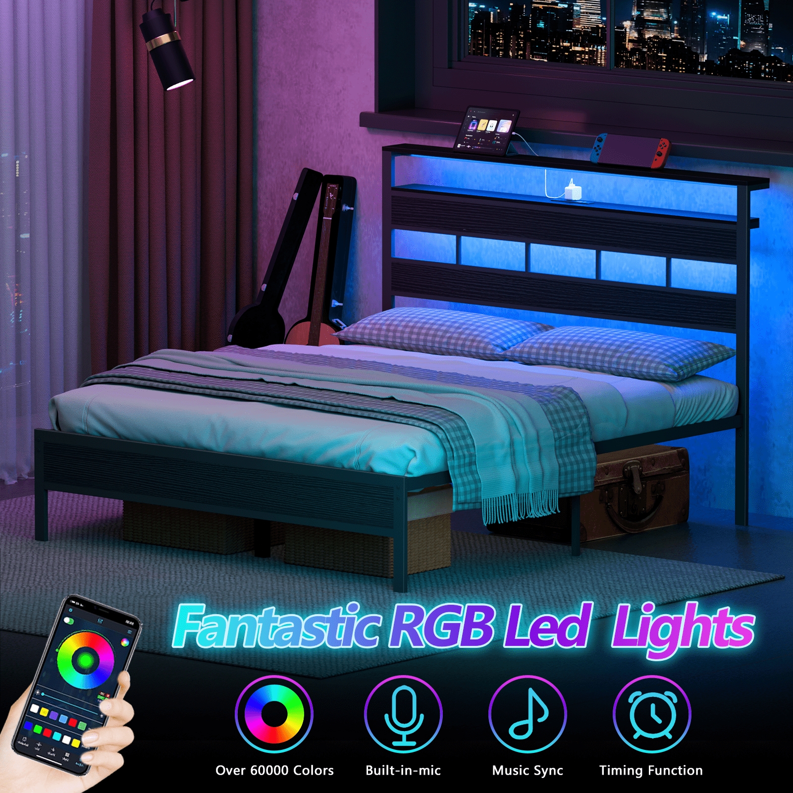 Glozzt Queen Size Bed Frame with Upholstered Storage Headboard and LED Light, Platform Bed with Metal Slats, Noise Free Design