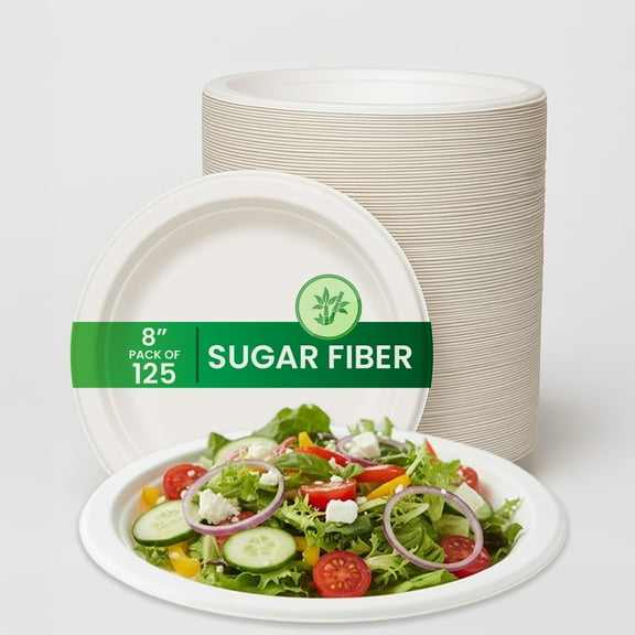 FPN Round Plates Disposable 125, 8 in - 100% Compostable – Sturdy, Microwave & Freezer Safe, Natural Tableware for Parties, Weddings, Events