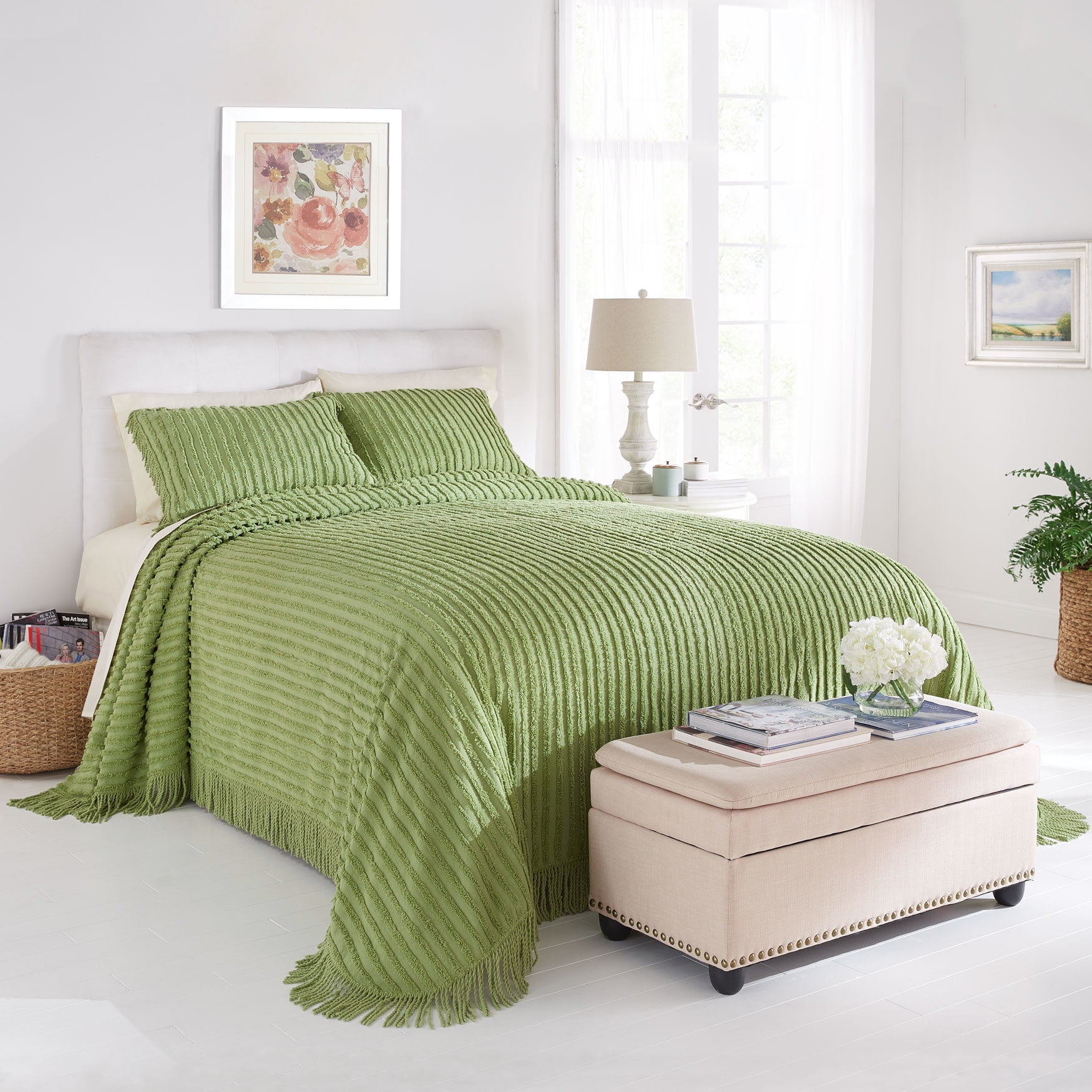 BrylaneHome Chenille Bedspread King, Sage Green