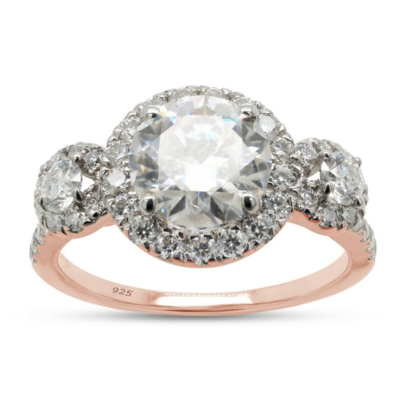Three Stone Design, 2 1/4 CTTW 7.5MM Center Round Cut Lab Created Moissanite Diamond Halo Engagement Ring In 14K Rose Gold Over Sterling Silver(G-H Color,VVS1 Clarity,2.25 Cttw)-4
