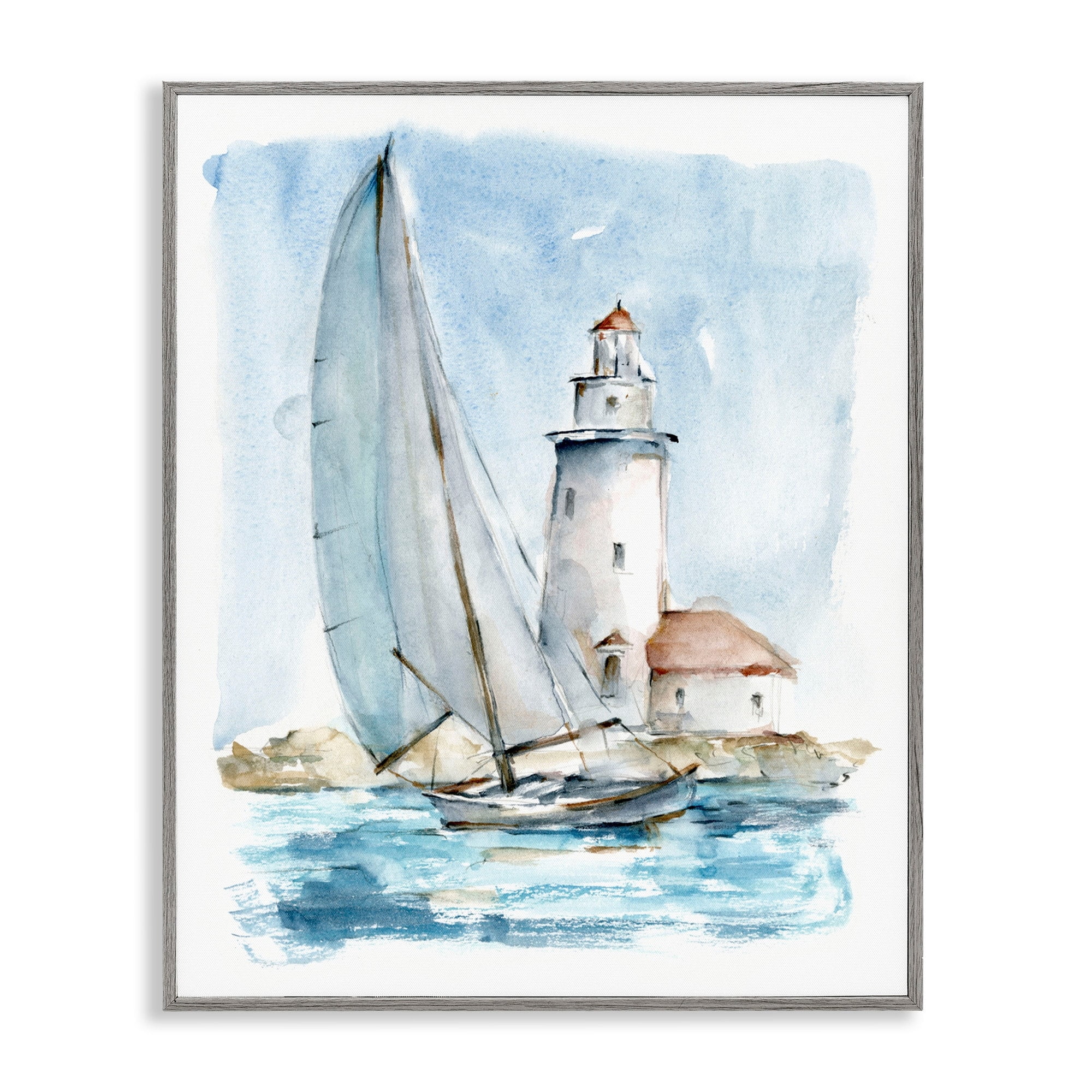 Stupell Industries Nautical Sailboat & Lighthouse Coastal Painting Gray Framed Art Print Wall Art