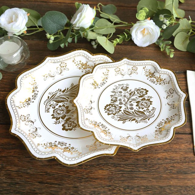 CUITING 25 Pack White Pink Paper Dessert Plates in Damask Floral Pattern 8” Round Disposable Salad Appetizer Plates with Scalloped Rims - 300 GSM