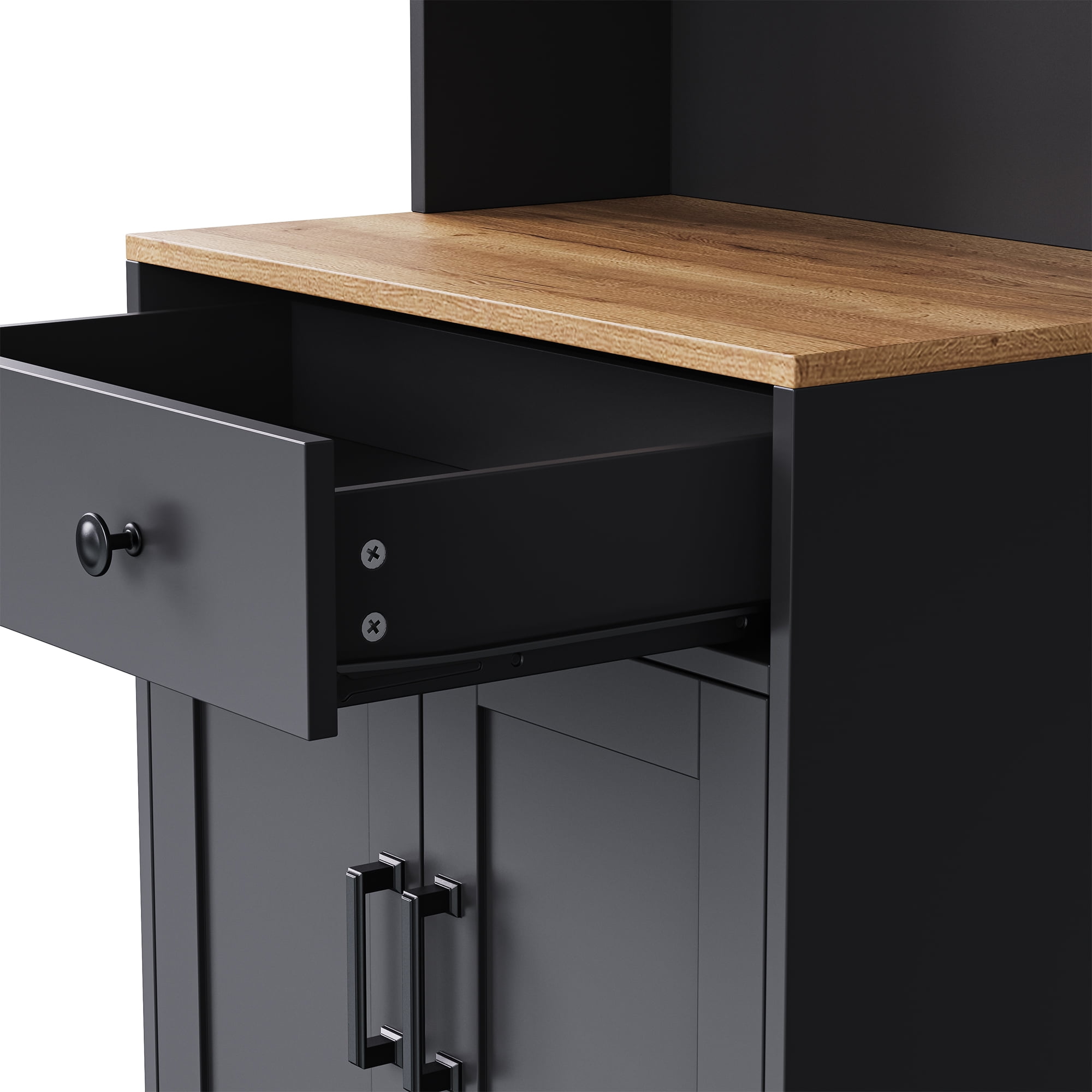 MAYEERTY Farmhouse Kitchen Storage Cabinet: 4 Solid Wood Gourd Shaped Legs&5 Tier Bookshelf with Drawer, Black