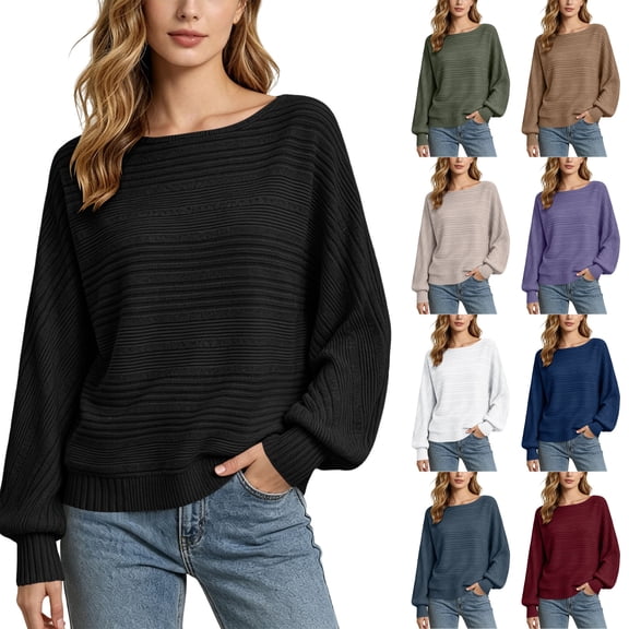 Husipze Womens Boat Neck Sweater Long Sleeve Loose Fit with Ribbed Texture Casual Oversized Pullover for Fall Winter Black S