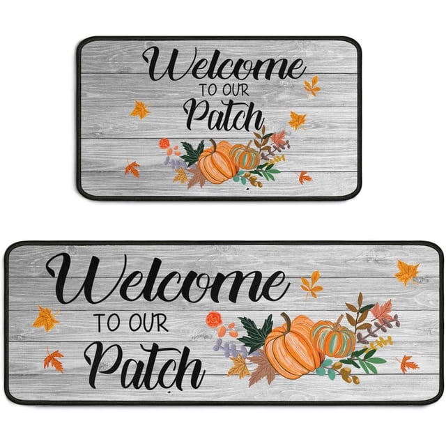 Welcome To Our Pumpkin Patch Gray Kitchen Rugs Set 2Pcs Non-Slip Kitchen Rug and Mat Waterproof Comfort Kitchen Standing Area Mat for Kitchen Floor Doormat Outdoor Harvest Decor 17"x47"+17"x30"