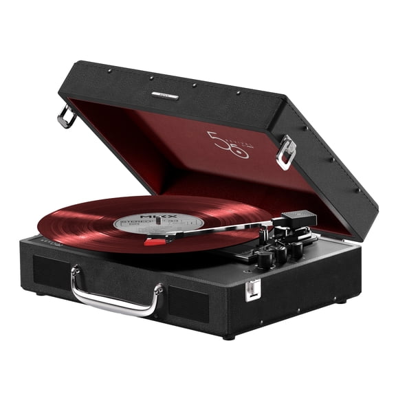 Mixx 5-Watt Revival 55 3-Speed Belt-Drive Manual Suitcase Vinyl Record Player with Built-in Speakers, Bluetooth In/Out, Aux, and 45-RPM Adapter, Black